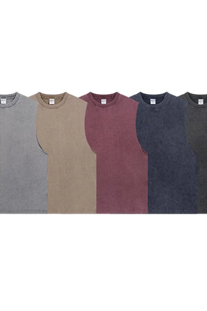 Washed cotton muscle tanks in gray, khaki, burgundy, navy, and black.