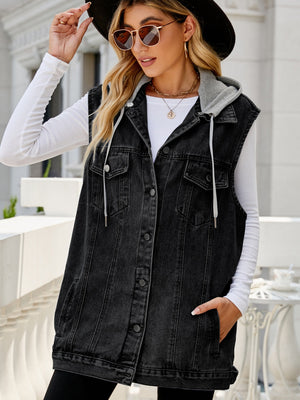 Black hooded denim vest with button-down closure and drawstring hood.