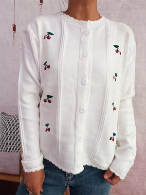 White button up cardigan with cherry embroidery and scalloped trim