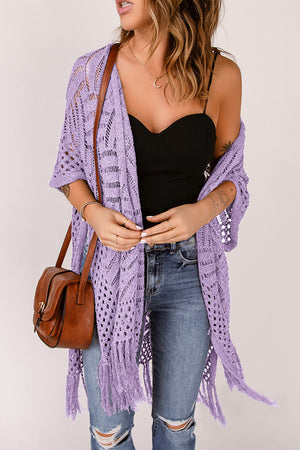 Lavender open knit chevron fringe cardigan with short sleeves and a boho vibe.