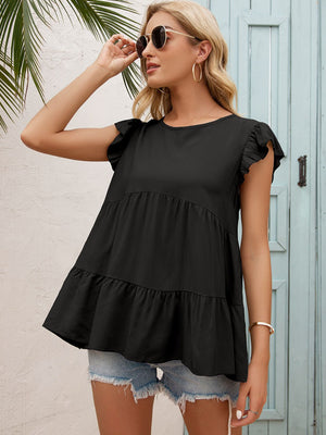 Black babydoll blouse with ruffled short sleeves and tiered hem.