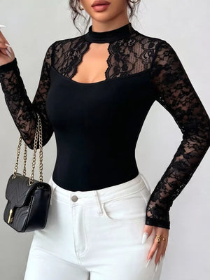 Lace Trim Cutout Front Top in Black, close-up detail