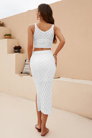 White textured knit crop top and midi skirt set with diamond pattern and side slit