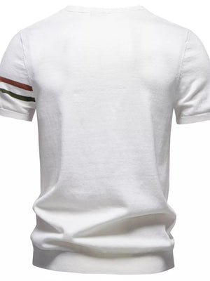 White cotton t-shirt with striped sleeves and crew neck.