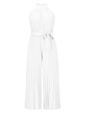 White halter neck pleated palazzo jumpsuit with tie waist