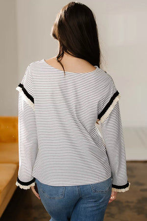 Stripe Contrasted Ruffle Trim Loose Long Sleeve Top in Stripe, side view