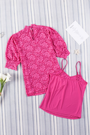Pink lace puff sleeve mock neck blouse with keyhole cutout shown with matching camisole.