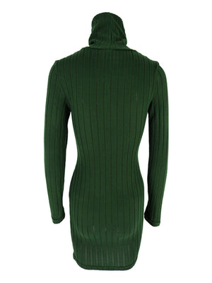Green ribbed turtleneck bodycon mini dress with long sleeves.