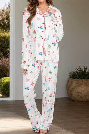 White festive print pajama set with piping and collar.