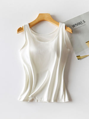 White built-in support tank top with scoop neckline and double-stitched trim.