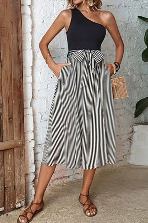Black asymmetric stripe midi skirt with bow detail and pockets
