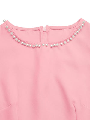 Pink mini dress with pearl trim neckline and zipper detail