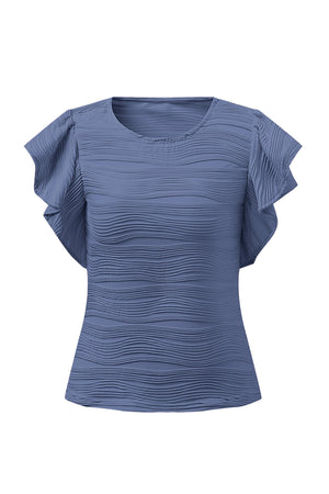 Textured ruffle sleeve bodysuit in Dusty Blue with a wavy pattern and round neckline.