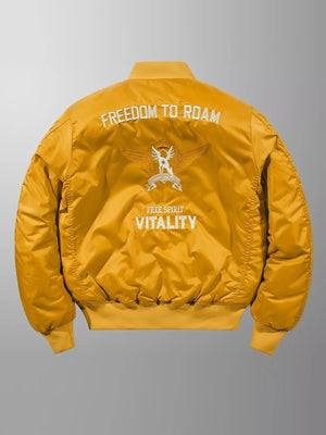 Men's yellow bomber jacket with embroidered "FREEDOM TO ROAM" and "VITALITY" graphics on back.