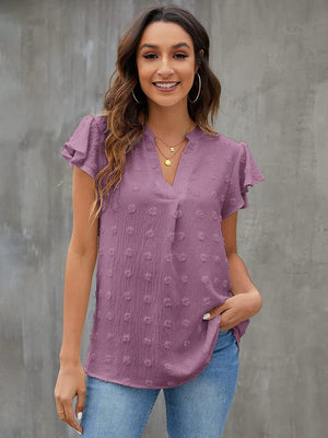 Textured voile blouse in lilac with flutter sleeves and v-neck