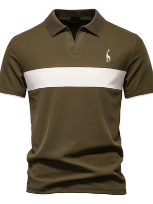 Olive polo shirt with white stripe and giraffe embroidery.