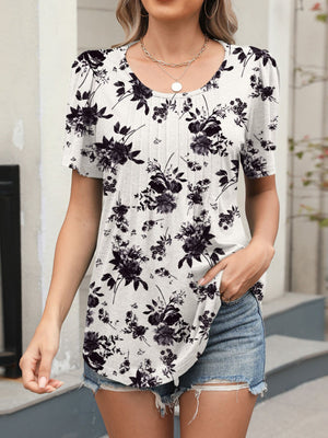 Women's white floral print short sleeve blouse with crew neck