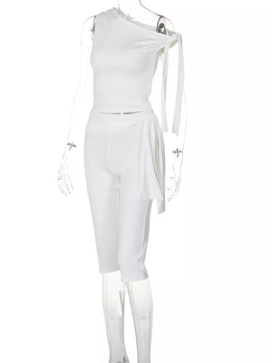 White one-shoulder tie top and capri set with draped detail