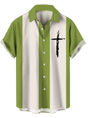Button-up shirt in Yellow-Green with vertical stripes and a black cross graphic.