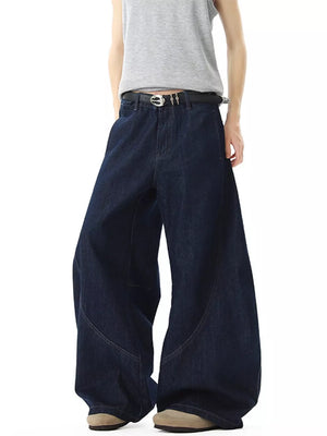 Men's dark wash cotton wide-leg jeans with pockets and a relaxed fit.