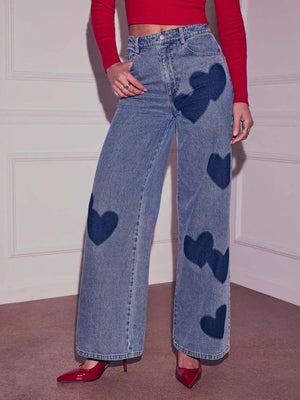 Blue denim maternity jeans with heart patches, high waist, wide leg