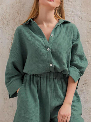 Dark green gauze cotton resort shirt and shorts set with button front and elastic waist shorts.