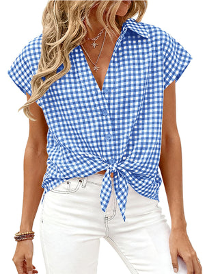 Sky blue gingham print button-down shirt with short sleeves and a tie front detail.