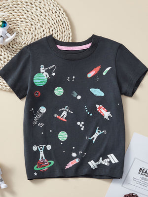 Kids dark gray cotton t-shirt with space adventure print, crew neck.