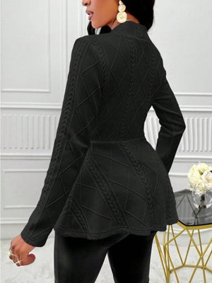 Black textured knit peplum blazer with cable knit details and a mock neck.