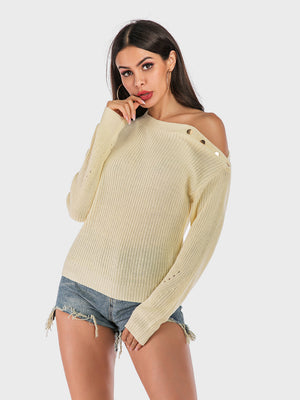 Beige off-the-shoulder knit sweater with button detail on neckline, casual chic style.