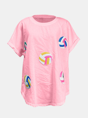 Pink t-shirt with sequin volleyball graphics, short sleeves, crew neck