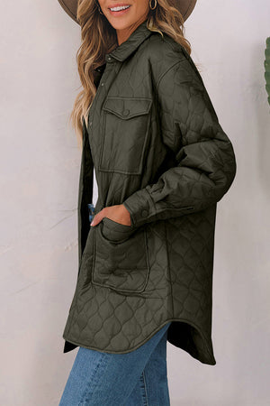 Army green quilted utility jacket with diamond pattern, chest pockets and button cuffs.