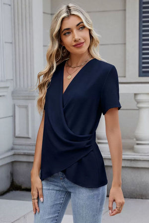 Dark Navy draped crossover short sleeve blouse with ruched detail