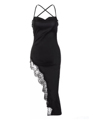 Black lace-trimmed spaghetti strap cowl neck midi dress with crisscross back straps.