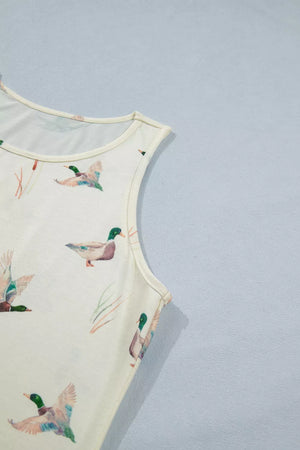 Cream tank top with mallard duck print and cattail accents