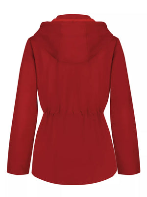 Red hooded zip-up jacket with drawstring waist detail