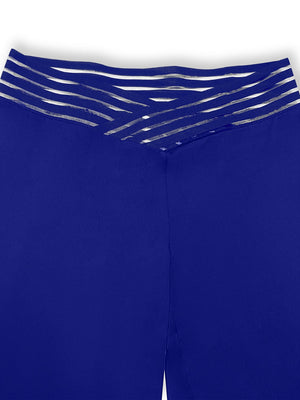 Royal blue flare leggings with a crisscross crossover waistband detail.