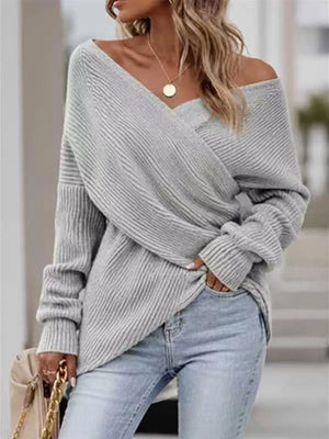 Crisscross Ribbed Knit Long Sleeve Sweater in Black, back view