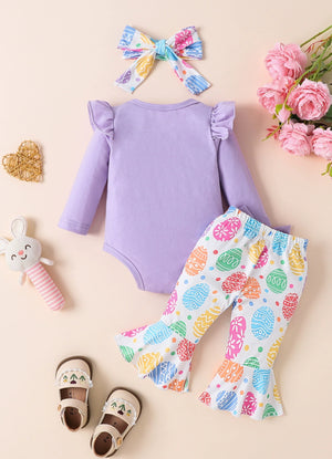 Purple baby bodysuit with ruffled sleeves and Easter egg print bell bottoms.