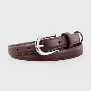 Brown leather skinny belt with silver buckle and stitching detail