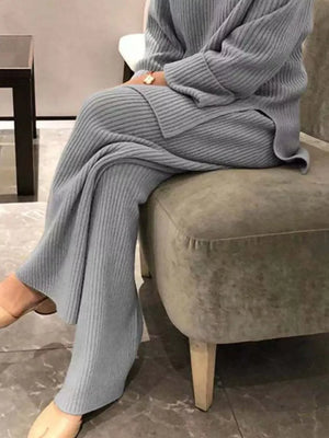 Blue ribbed knit sweater and wide-leg pants set, comfortable casual outfit