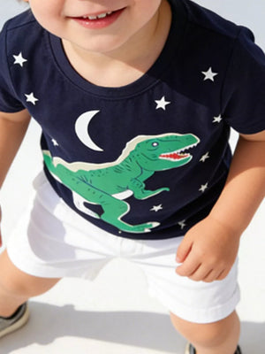 Navy cotton crew neck t-shirt with green dinosaur, moon, and star print