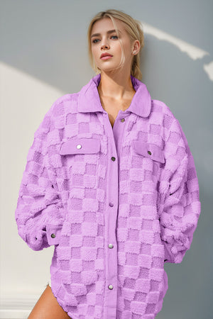 Lilac textured checkered shacket with corduroy trim and buttoned pockets.