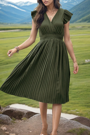 Dark Green pleated midi dress with flutter sleeves and smocked waist