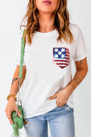 White cotton blend tee with sequin American flag pocket detail