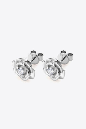 Silver rosebud diamond stud earrings with clear center stone