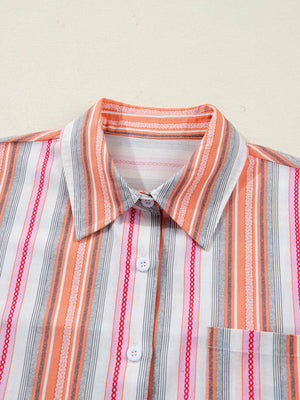 Classic button-down shirt with orange, pink, and gray stripes, cotton, short sleeves, collar, and pocket.