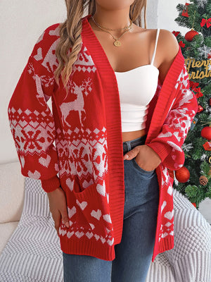 Red jacquard open-front cardigan with reindeer and heart pattern, acrylic knit, long sleeves, pockets.