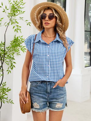 Plaid Button Up Cap Sleeve Shirt, fit detail