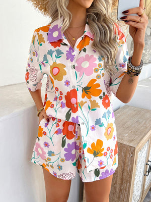 Coastal Tile Print Co-ord Set with colorful floral pattern, button-up shirt and drawstring shorts.